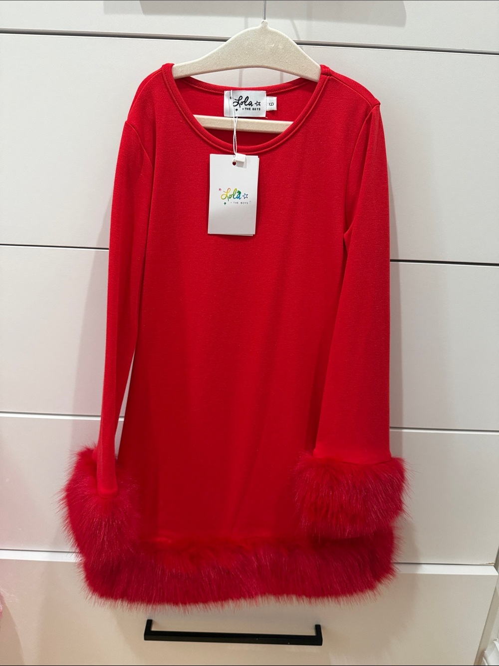 Lola + The Boys Bright Red Long Sleeve Dress with Plush Fur Trim